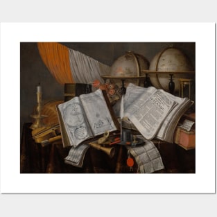 A Vanitas Still Life with a Flag, Candlestick, Musical Instruments, Books, Writing Paraphernalia, Globes and Hourglass by Edwaert Collier Posters and Art